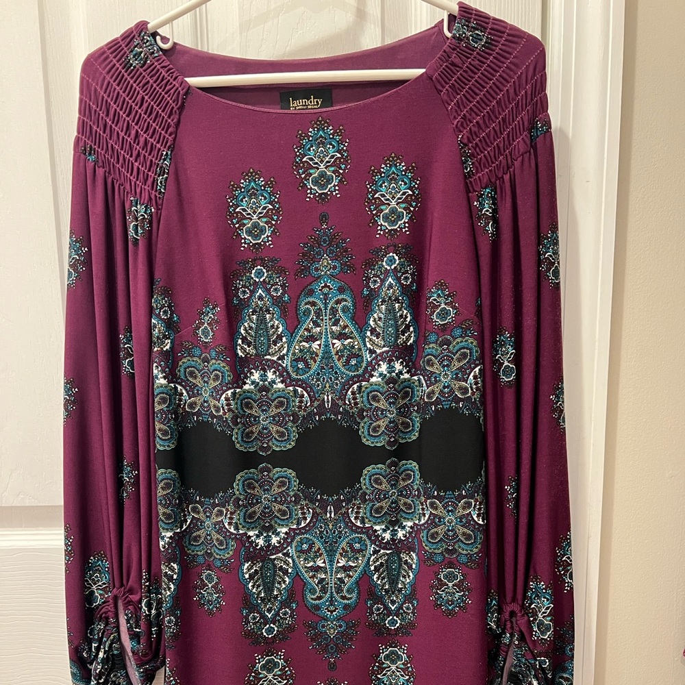 Laundry By Shelli Segal Burgundy and Teal Long Sleeve Dress